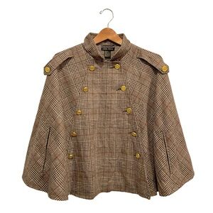 MISS TINA Brown Plaid Double-breasted Wool Blend Cape Coat